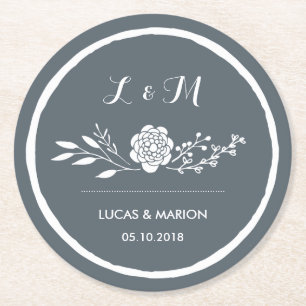 Grijze  Bloem Bouquet Monogram Weddenschap Ronde Kartonnen Onderzetter
