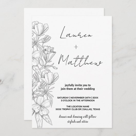 Grijze Bloem Kunst Bruiloft Uitnodigingen (Voorkant / Achterkant)