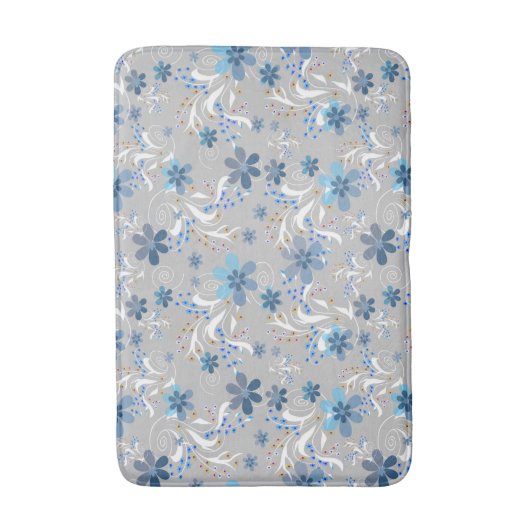 Grijze bloem, retro, grijs, blauw badmat (Voorkant Verticaal)