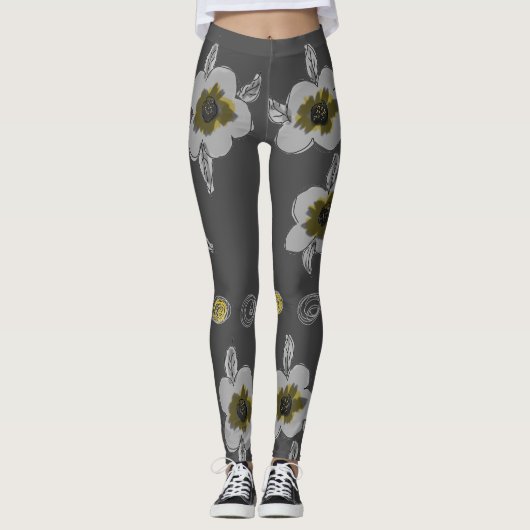 Grijze bloemen afdrukken leggings (Voorkant)