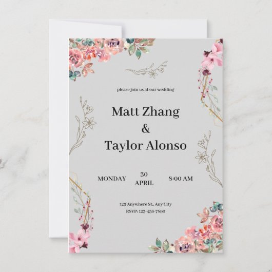 Grijze bloemen bruiloft uitnodiging (Voorkant)