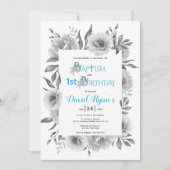 Grijze bloemen jongen doop en 1e verjaardag blauw kaart (Voorkant)