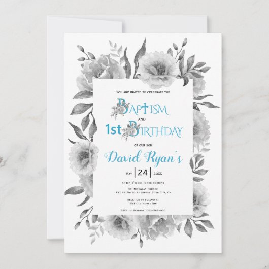 Grijze bloemen jongen doop en 1e verjaardag blauw kaart (Voorkant)