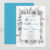 Grijze bloemen jongen doop en 1e verjaardag blauw kaart (Voorkant / Achterkant)