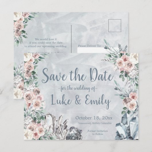Grijze Bloemen & Kristallen Huwelijk Save the Date Briefkaart (Voorkant / Achterkant)