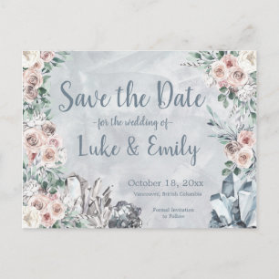 Grijze Bloemen & Kristallen Huwelijk Save the Date Briefkaart