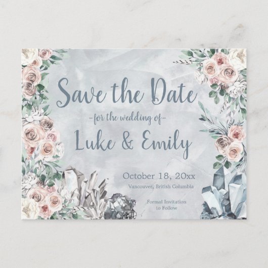 Grijze Bloemen & Kristallen Huwelijk Save the Date Briefkaart (Voorkant)