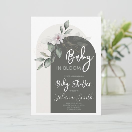 Grijze Bloemenboog Baby in Bloom Baby shower Kaart (Staand voorkant)