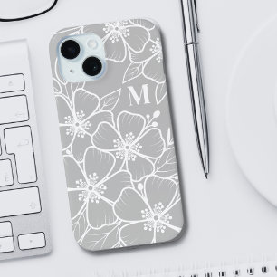 Grijze bloemmonogram iPhone 15 case