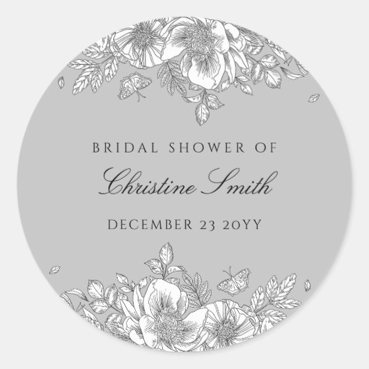 Grijze bloemrijke lijnkunst Bruidsdouche Ronde Sticker (Voorkant)