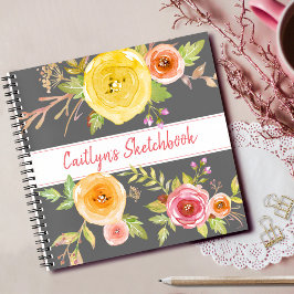 Grijze bloemrijke watercolor schetsboek script naa notitieboek