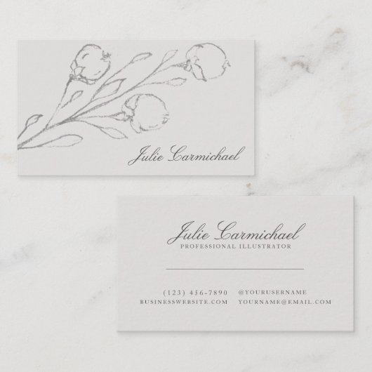 Grijze Bloemschets Elegant Visitekaartje (Voorkant / Achterkant)