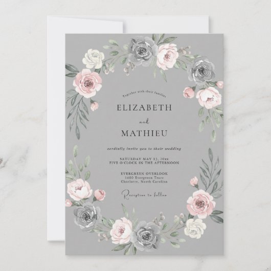 Grijze Blush Bloemenslingers Bruiloft Kaart (Voorkant)