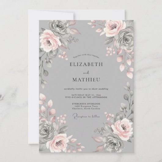 Grijze Blush Bloemige Romantische Bruiloft Kaart (Voorkant)