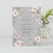 Grijze Blush Bloemige Romantische Bruiloft Kaart (Staand voorkant)