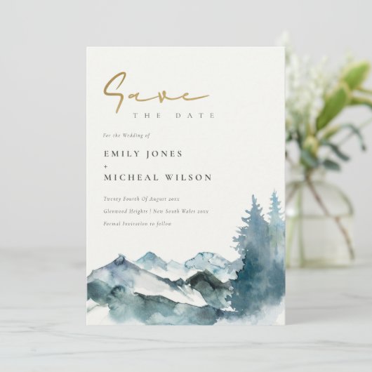 Grijze Blush Blue Mountains pine Save the Date Kaart (Staand voorkant)