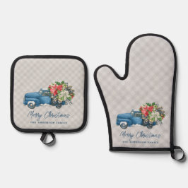 Grijze boerderij plaid vintage blauwe kersttruck ovenwant & pannenlap set