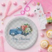 Grijze boerderijplaid vintage blauwe kersttruck papieren bordje (Feest)