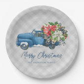 Grijze boerderijplaid vintage blauwe kersttruck papieren bordje (Voorkant)