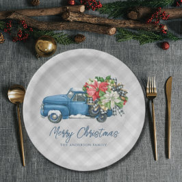 Grijze boerderijplaid vintage blauwe kersttruck papieren bordje