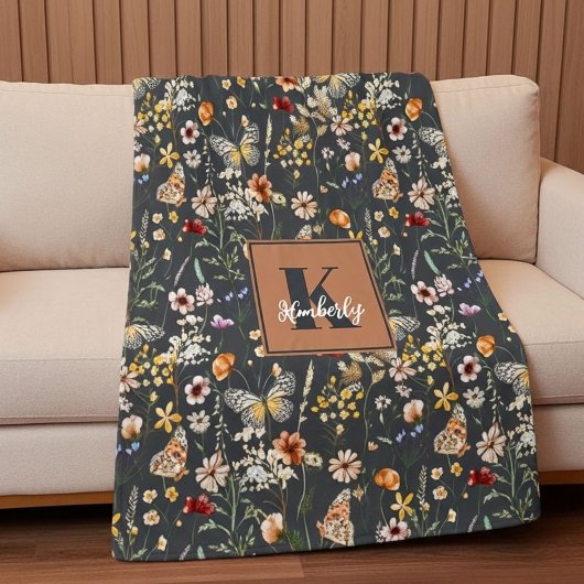 Grijze Boho Bloemige Monogram Fleece Deken