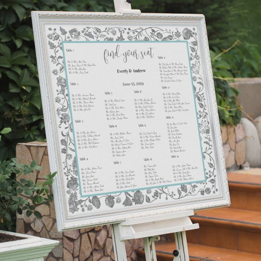 Grijze Boho Wildflower Bloemen Blauwe Grenzen Poster