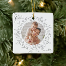 Grijze Boho Wildflower krans Kerstmis 2 Foto Keramisch Ornament
