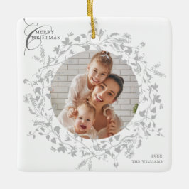 Grijze Boho Wildflower krans Kerstmis 2 Foto Keramisch Ornament