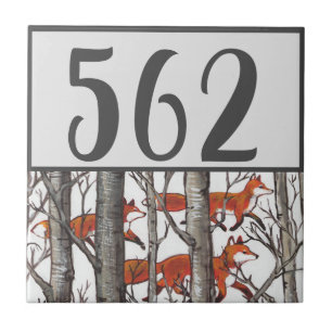grijze bomen Red Fox House Number Sjabloon Natuur Tegeltje