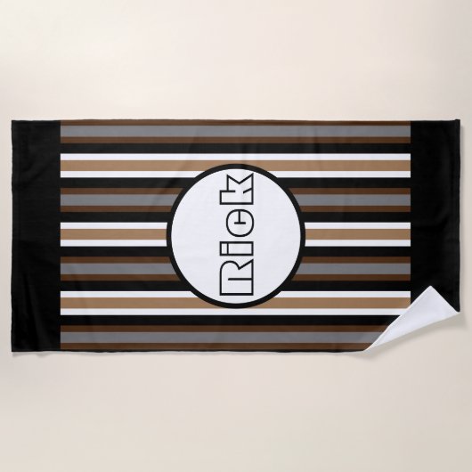 Grijze, bruine en zwarte strepen met naam strandlaken (Voorkant)