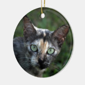 Grijze bruine kat met groene ogen keramisch ornament (Links)