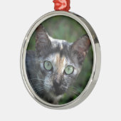 Grijze bruine kat met groene ogen metalen ornament (Links)