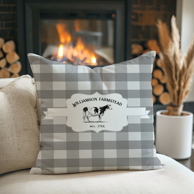 Grijze buffels Boerderij Koe Sierkussen (Gray Buffalo Plaid Farm Cow Throw Pillow)