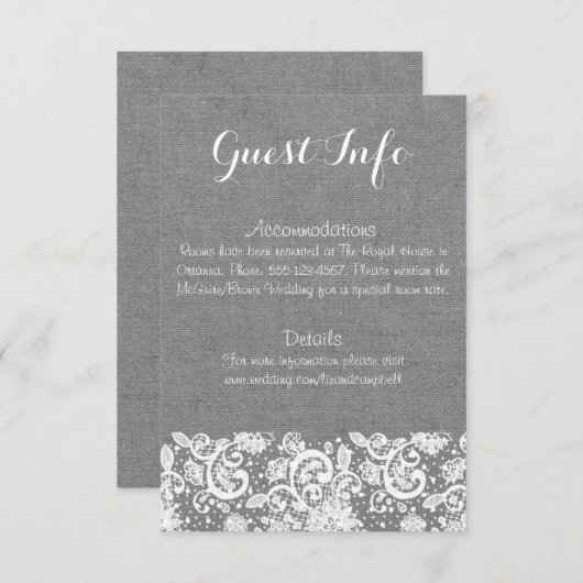 Grijze Burlap en Kant Info Kaart - Rustieke bruilo (Voorkant / Achterkant)