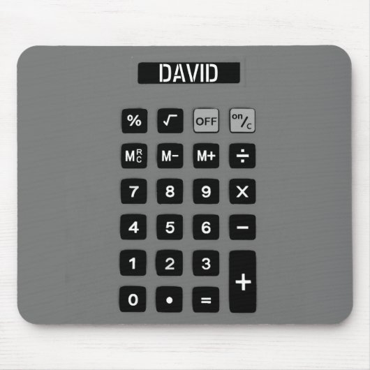 Grijze calculator met naam muismat (Voorkant)
