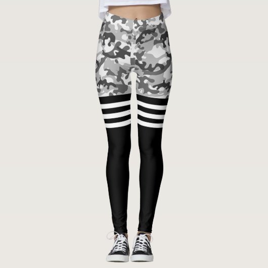 Grijze camo en witte triple streep leggings (Voorkant)