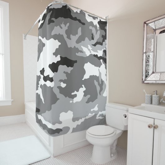 Grijze camouflagepatroon douchegordijn (In situ)
