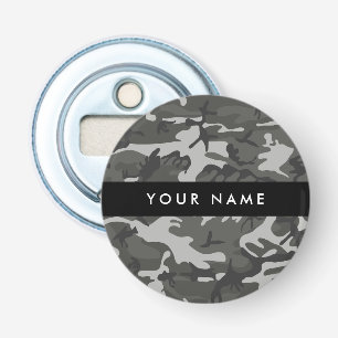 Grijze camouflagepatroon, jouw naam, personaliseer button flesopener