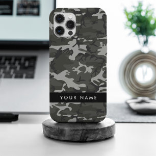 Grijze camouflagepatroon, jouw naam, personaliseer iPhone 15 pro max hoesje