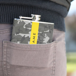 Grijze camouflagepatroon, jouw naam, personaliseer heupfles