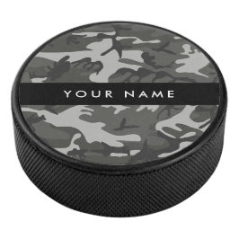 Grijze camouflagepatroon, jouw naam, personaliseer hockey puck