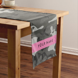 Grijze camouflagepatroon, jouw naam, personaliseer korte tafelloper