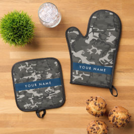 Grijze camouflagepatroon, jouw naam, personaliseer ovenwant & pannenlap set