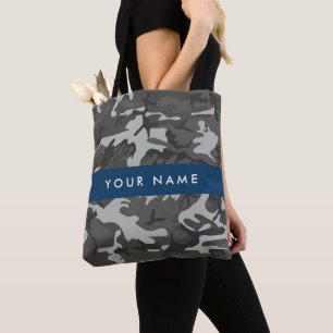 Grijze camouflagepatroon, jouw naam, personaliseer tote bag