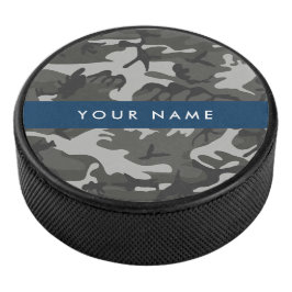 Grijze camouflagepatroon, Uw naam, Personaliseer Hockey Puck
