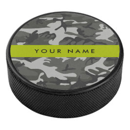 Grijze camouflagepatroon, Uw naam, Personaliseer Hockey Puck