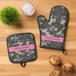 Grijze camouflagepatroon, Uw naam, Personaliseer Ovenwant & Pannenlap Set