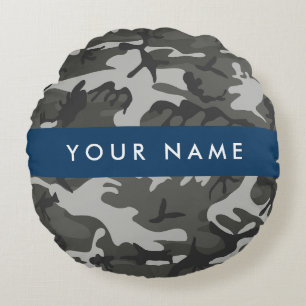 Grijze camouflagepatroon, Uw naam, Personaliseer Rond Kussen
