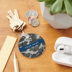 Grijze camouflagepatroon, uw naam, personaliseer sleutelhanger