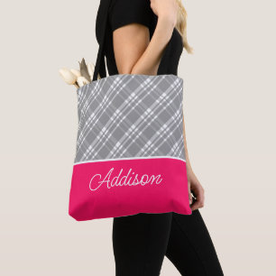 Grijze Canvas tas met grote plaat en roze streep